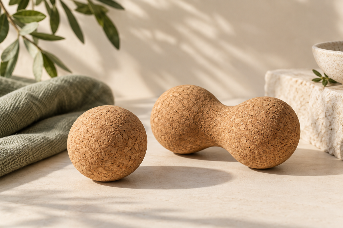 Natural cork massage tools in warm daylight