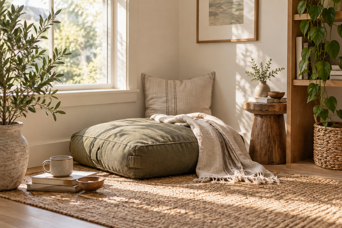 Quiet home corner with meditation cushion