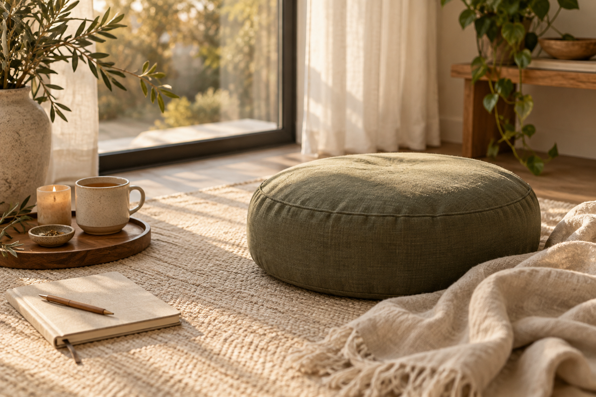 Quiet evening wellness ritual with meditation cushion